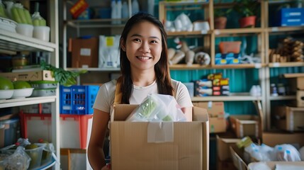 Eco friendly box in net zero store asian seller retail office shop ESG go green Small SME owner young adult woman asia people happy vendor smile looking at camera Supply chain digital  : Generative AI