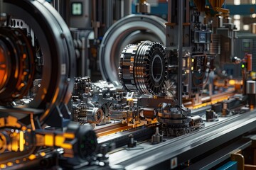 Fototapeta premium Advanced machinery and robotic arms in modern industrial factory assembly line