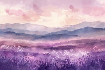 Beautiful watercolor landscape painting of purple lavender fields and mountains with a pink sky at sunset.