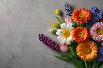 Fresh, vibrant flowers arranged in a spring floral composition against a gentle pastel backdrop; colorful flowers creatively arranged in a bouquet on a grey background. Idea of celebratory flowers wit