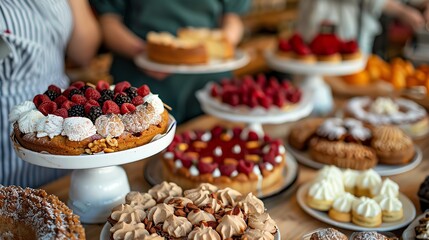 People participating in a charity bake sale, homemade goods, community spirit, and fundraising efforts