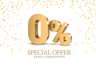 0% percent number. Zero number in gold 3d. Poster template for discount, sale discount, work progress. Vector illustration