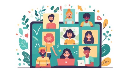 Diverse group of people on a video call, showcasing virtual teamwork and communication.