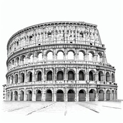 Black and white sketch of the Colosseum in Rome with white background