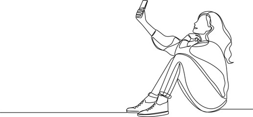 continuous single line drawing of young woman taking a selfie with her smartphone, line art vector illustration