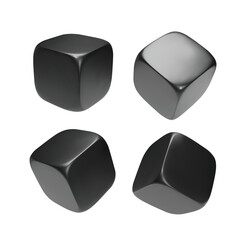 Black realistic 3d cube. Icon in flight closeup isolated on white background. Vector illustration.