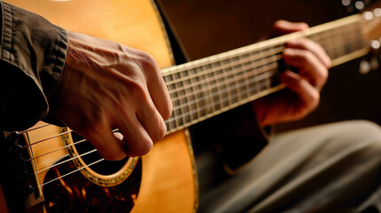 Naklejka premium A close-up of a musician's hands skillfully playing an acoustic guitar reveals his technical skills.