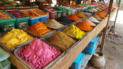 Fototapeta premium The colorful decoration of spices on the stall offers a feast for the senses at the market. The intense colors of turmeric, red pepper and mint green resound in harmony.