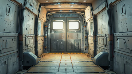 The inside of an empty van is a clean, empty space, ready for transport. The interior is tidy and spacious, allowing you to freely place various items to be transported.