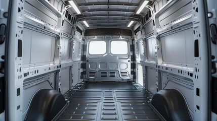 Obraz premium The inside of an empty van is a clean, empty space, ready for transport. The interior is tidy and spacious, allowing you to freely place various items to be transported.