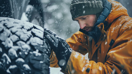 Fototapeta premium A man carefully checks the tire tread on a snowy day. His hands analyze every crack and groove in the tire, making sure they are deep enough to provide traction on icy surfaces.