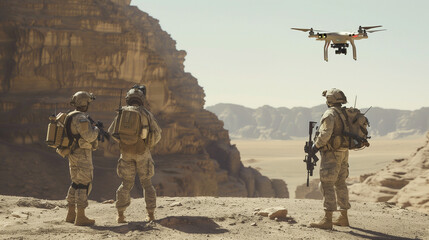 The soldiers, equipped with their equipment, track a drone hovering on a hostile desert horizon. Their eyes are focused on the unforgiving landscape.