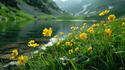 Beautiful scenery of yellow flowers on green grass near the lake - Powered by Adobe