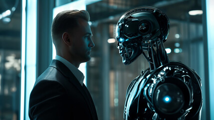 Fototapeta premium a man in suit talking to an holographic AI robot, futuristic scene, movie still