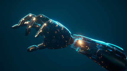 Photo of an advanced robotic hand with illuminated fingers, reaching out in front of a dark blue background. The arm is made from metal and has glowing circuitry