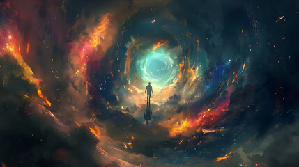 A man standing in the center of an abyss, with colorful nebula and stars around him, fantasy art style, dark colors, anime