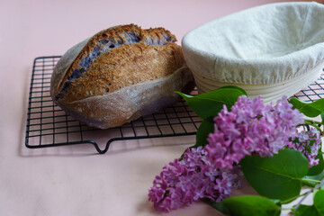 Unusual purple sourdough bread and proofing basket for home made sourdough bread.