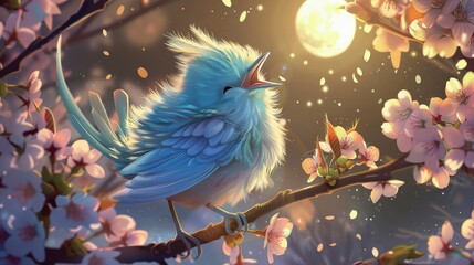 Fototapeta premium Close-up of a vibrant blue baby bird calling out while sitting on a blooming branch under the glow of the night moon.