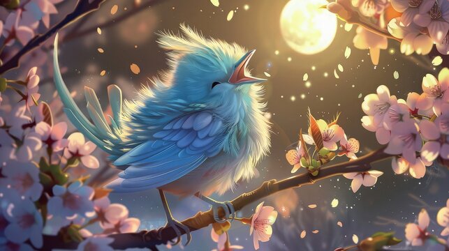 Close-up of a vibrant blue baby bird calling out while sitting on a blooming branch under the glow of the night moon.
