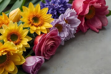 Close-up of a mixed bouquet of roses, summer flowers background, a cluster of colorful roses against a white and gray background.

