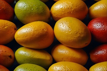 a close-up of a pile of mangoes in various shades of green and orange. The mangoes are stacked on top of each other, showcasing their vibrant colors and textures,An up-close look at a variety of ripe 