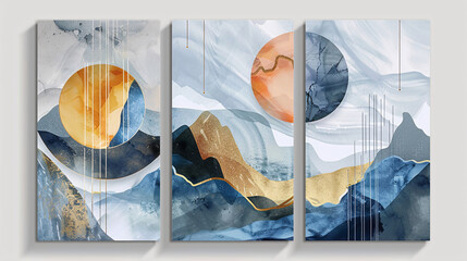 Three-panel canvas art. The art features a geometric canvases with golden and blue colors.