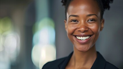 Obraz premium Face portrait manager and happy black woman business leader or employee smile for startup company success Management corporate person and headshot of female bank admin or professional : Generative AI