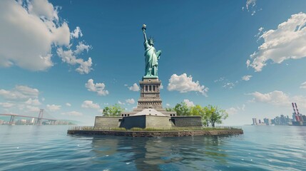 Fototapeta premium A photorealistic image of the Statue of Liberty standing tall on Liberty Island. The statue is a symbol of hope and welcome for immigrants from all over the world. The background is a clear blue sky