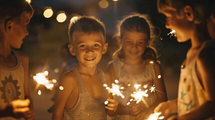 A photo of a group of children playing with sparklers on a summer night. The sparklers create a magical glow, and the children's faces are filled with wonder. The photo captures the innocence and joy