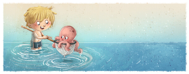 Boy fishing for an octopus in the sea © cirodelia