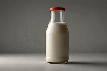 dairy products from farms milk and yogurt in glass containers that are sustainable, glass bottle of milk on a table with copy space against a black background A glass and a bottle of milk placed next 