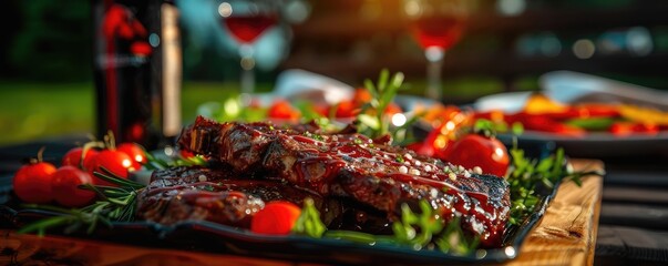 Deliciously grilled beef steaks garnished with fresh herbs and tomatoes, served with red wine, perfect for an outdoor dinner.