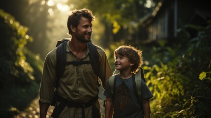 A father and son share a moment walking together amidst a lush, green, tropical forest setting