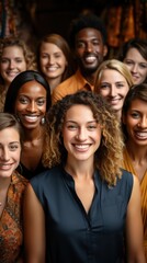 Fototapeta premium A multi-ethnic group of smiling coworkers stands together in vibrant fall colors, radiating team spirit