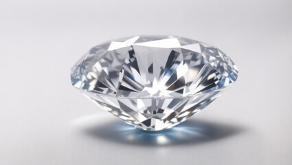 A clear, round diamond on a white surface 