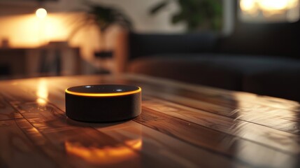 A smart speaker sits on a wooden table in a living room