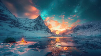 Naklejka premium Stunning arctic landscape with a blazing campfire under a vibrant sunset sky, surrounded by snow-capped mountains and icy reflections.