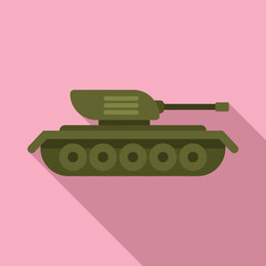Flat design of a green cartoon tank with a long barrel, isolated on a solid pink backdrop