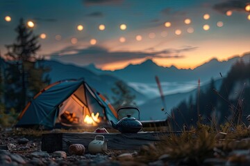Cozy camping scene at dusk with glowing tent, campfire, and kettle, set against a scenic mountain backdrop under hanging string lights.