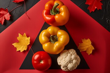 a group of vegetables in a triangular shape on a colored paper background. Aesthetics food photo