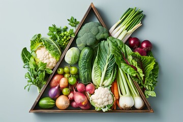 a group of vegetables in a triangular shape on a colored paper background. Aesthetics food photo
