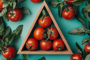 a group of vegetables in a triangular shape on a colored paper background. Aesthetics food photo