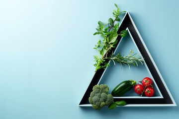 a group of vegetables in a triangular shape on a colored paper background. Aesthetics food photo