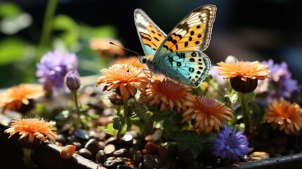 A colorful butterfly perches on vibrant flowers, with warm sunlight illuminating the scene