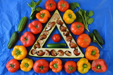 a group of vegetables in a triangular shape on a colored paper background. Aesthetics food photo