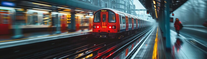 Fototapeta premium Red train arriving at a station platform in London.