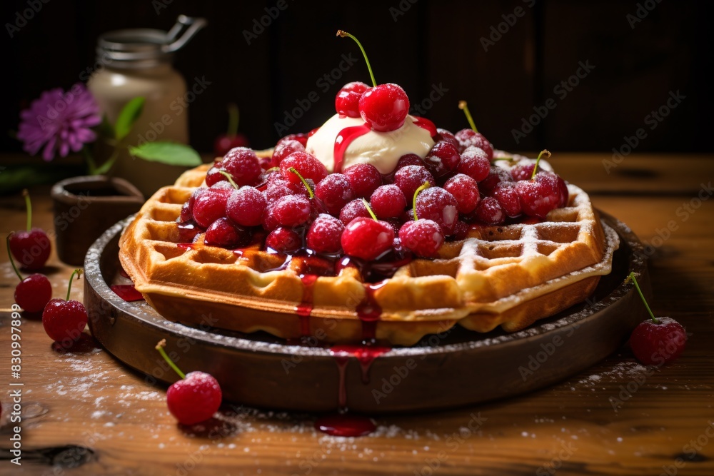 Wall mural a waffle with cherries and whipped cream on top - Wall murals