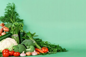 a group of vegetables in a triangular shape on a colored paper background. Aesthetics food photo