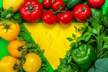 a group of vegetables in a triangular shape on a colored paper background. Aesthetics food photo
