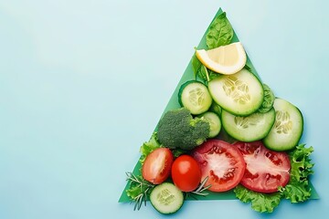 a group of vegetables in a triangular shape on a colored paper background. Aesthetics food photo